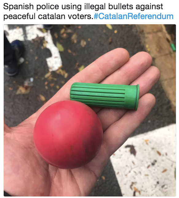 Spanish police using illegal bullets against peaceful Catalan voters.