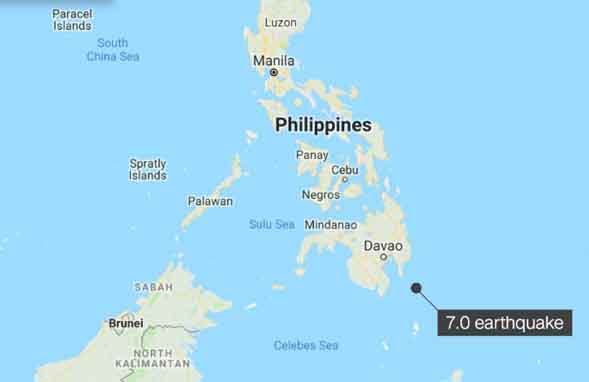 7.0. earthquake strikes Southern Philippines Davao Oriental region on Saturday