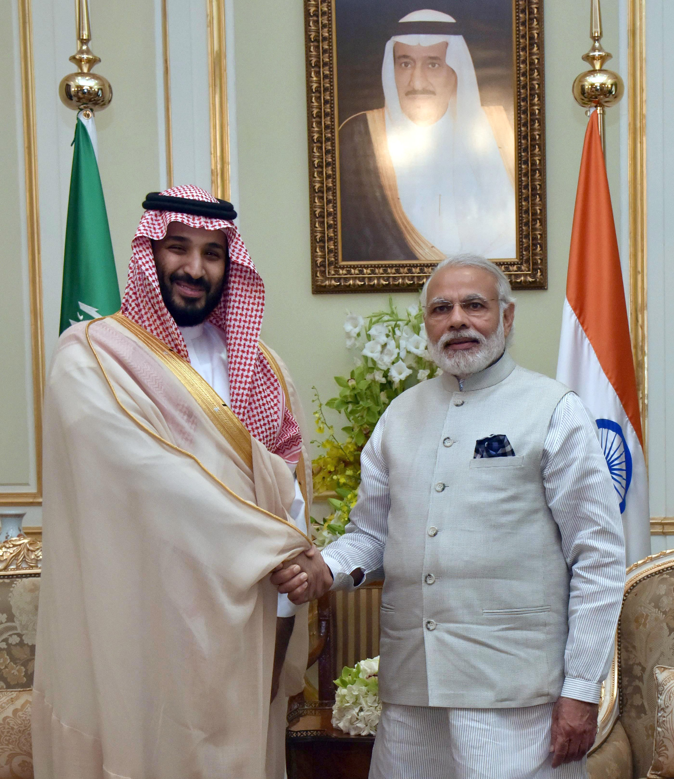 Indian Prime Minister Narendra Modi with the Crown Prince of Saudi Arabia, Mohammad bin Salman, 2016