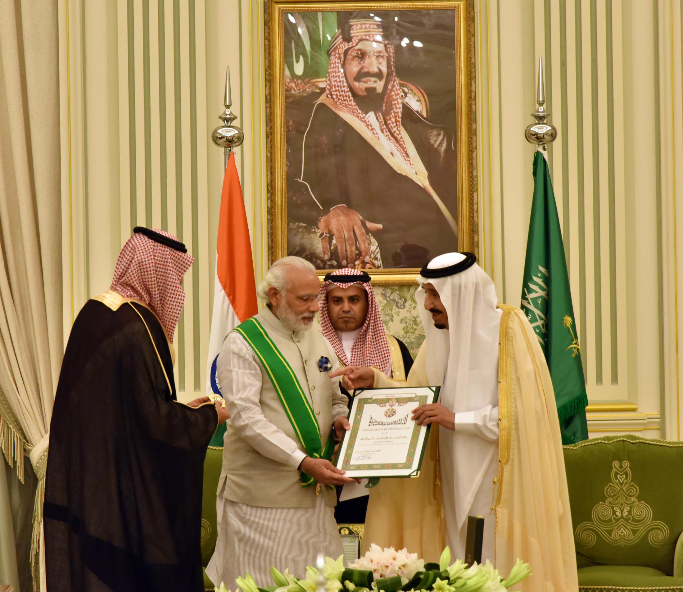 Prime Minister of India Narendra Modi receives Saudi Arabia's highest civilian honour from King Abdulaziz Sash in 2016