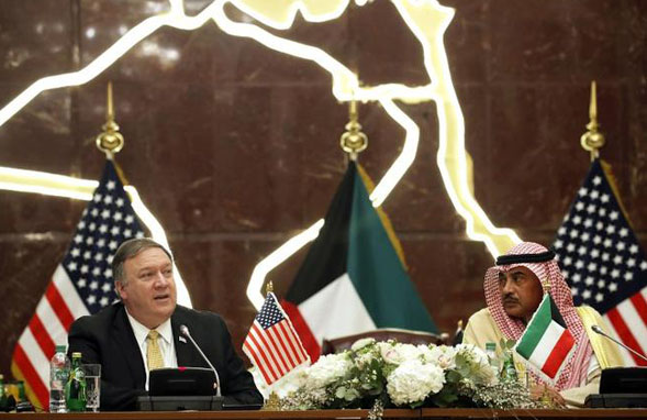 The US Secretary of State, Mike Pompeo (L) and Kuwait's Foreign Minister, Sheikh Sabah al-Khalid al-Sabah during a joint press conference in Kuwait City.