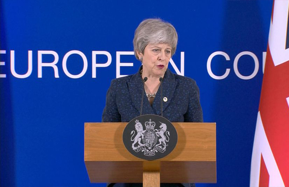 British Prime Minister, Theresa May addressing the media after attending the European Council Special Meeting on Brexit delay request