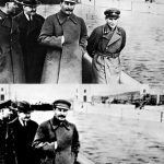 In the photograph below, Nikolai Yezhov is visible at Stalin’s side in the original photograph (right). After Yezhov fell out of favor with Stalin, Yezhov was removed from the photograph (left) and from Russian history.