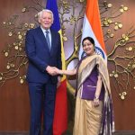Minister of External Affairs Smt. Sushma Swaraj welcomed Romanian Foreign Minister Teodor Melescanu, 26 Nov 2018