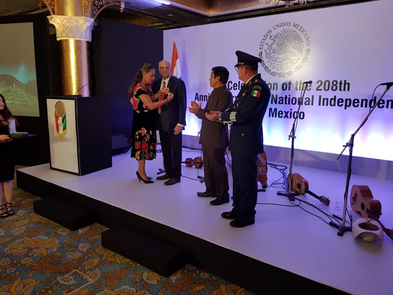 Mr. Rajju Shroff receiving the Mexican Order of the Aztec Eagle insignia from Ambassador Melba Pria