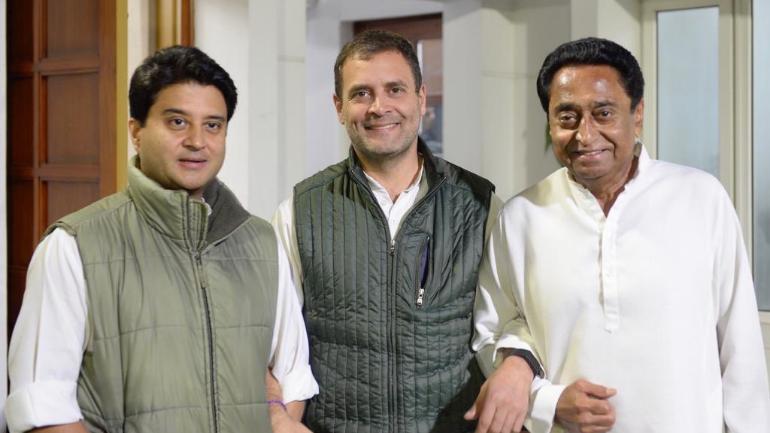 Rahul Gandhi (centre) with Kamal Nath, Chief Minister of Madhya Pradesh (right) and Scindia (left)