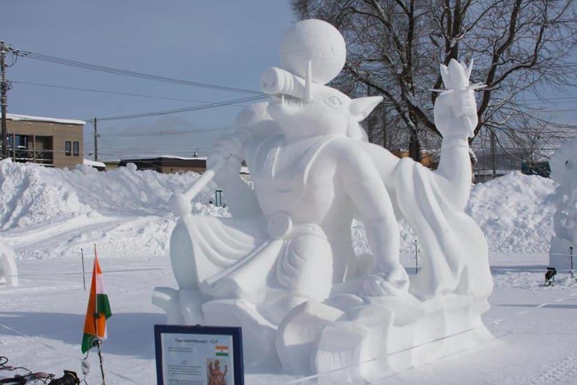 Snow sculpture of Lord Vishnu’s Varaha avatar won Team India the first prize