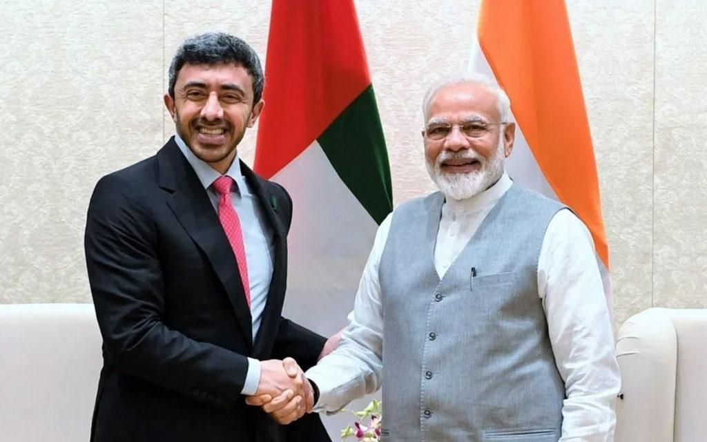 Sheikh Abdullah bin Zayed Al Nahyan, the Minister of Foreign Affairs, UAE with PM Modi